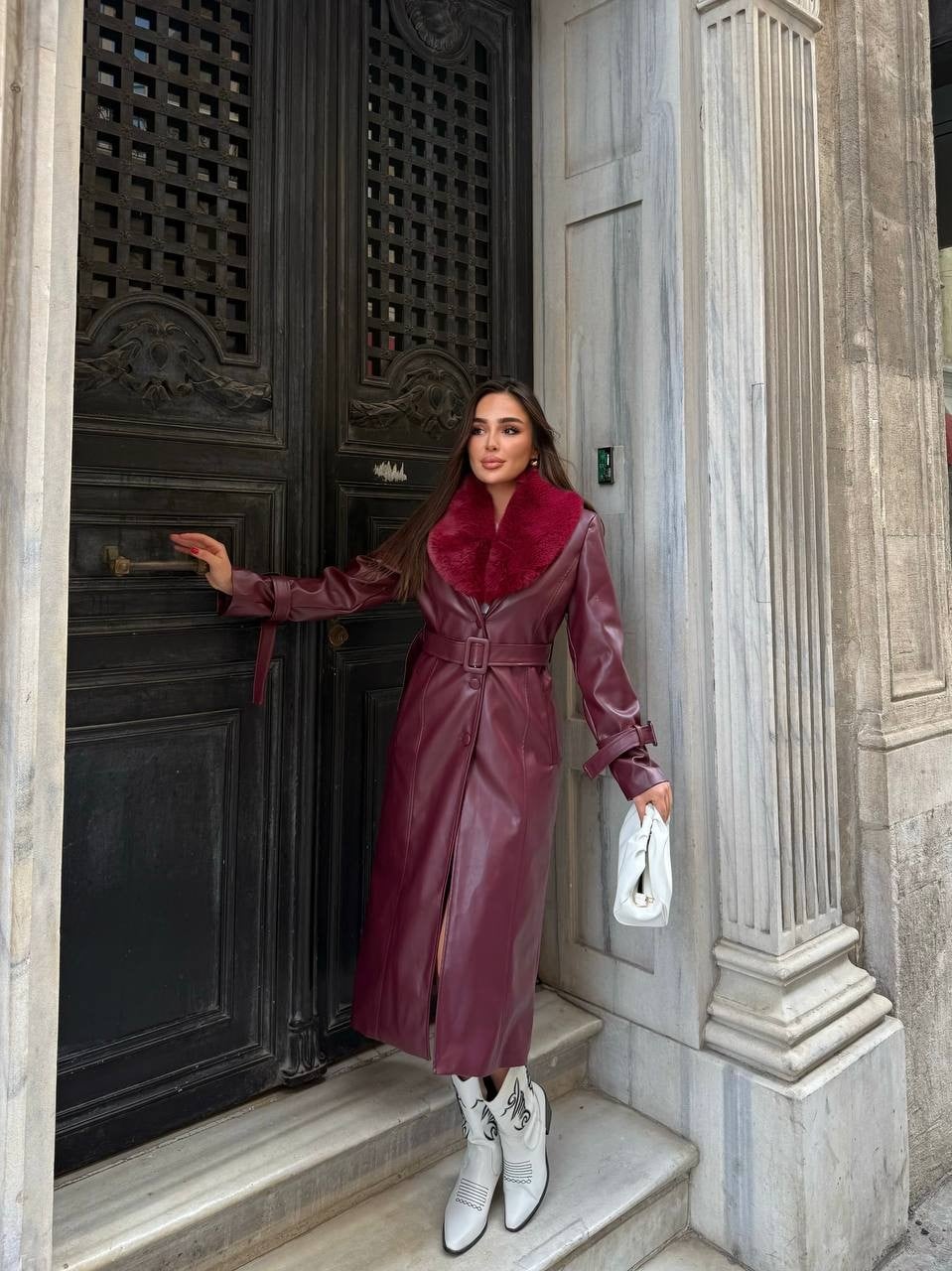 Kemerli, Kürk Detaylı Uzun Deri  Kadın Kaban - Bordo 4