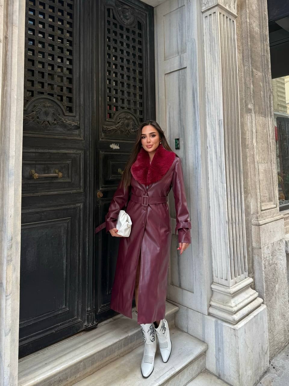 Kemerli, Kürk Detaylı Uzun Deri  Kadın Kaban - Bordo 3