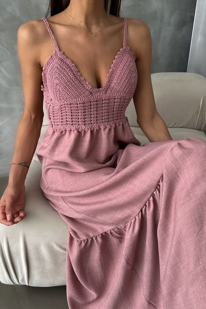 Pudra Askılı V Yaka Triko Detaylı Maxi Elbise – Yazlık Kadın Uzun Elbise - Pembe 5