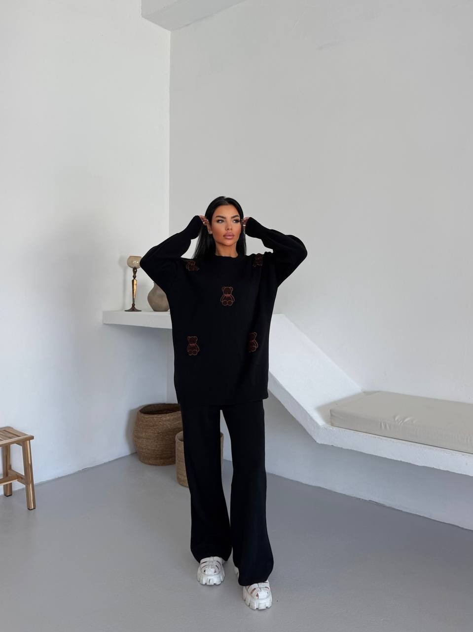 Siyah Ayıcık Desenli Oversize Triko Takım - Siyah 3
