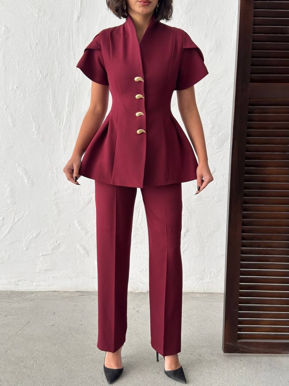 Gold Düğme Detaylı Peplum Kesim Şık Kadın Takım - Bordo 4