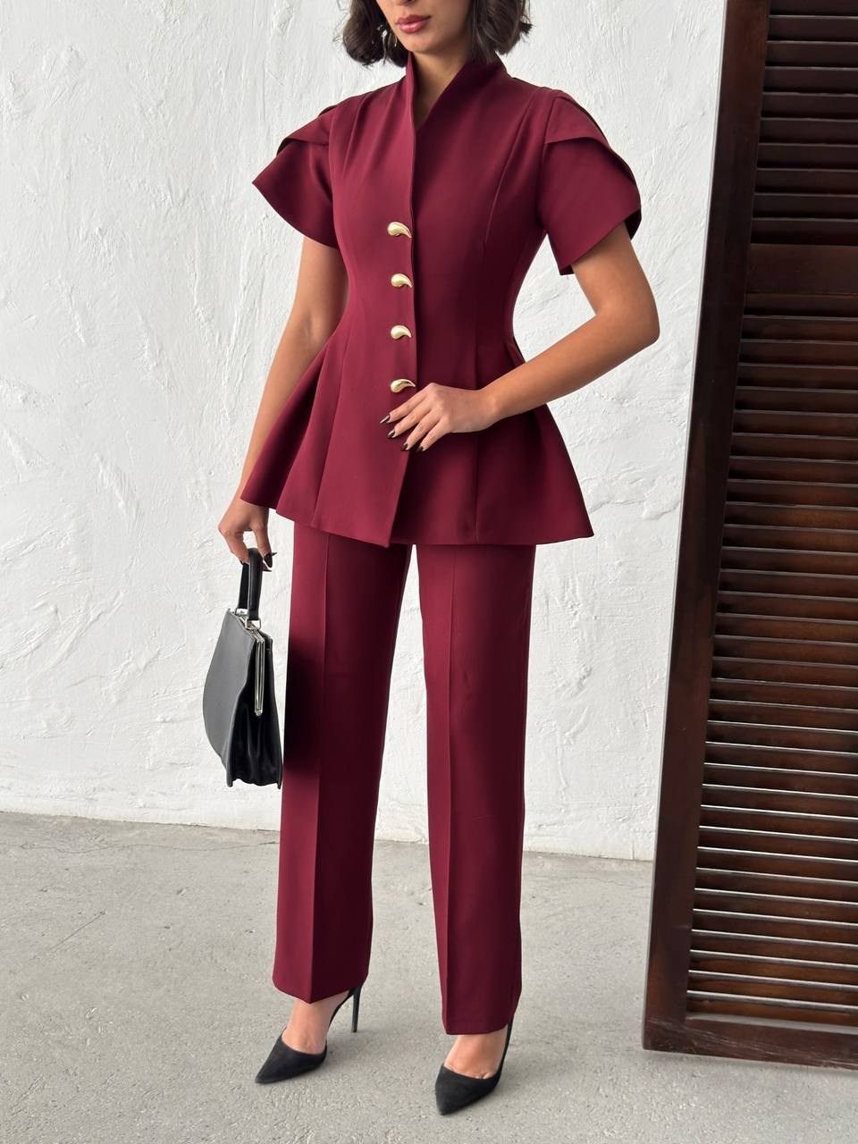 Gold Düğme Detaylı Peplum Kesim Şık Kadın Takım - Bordo 3