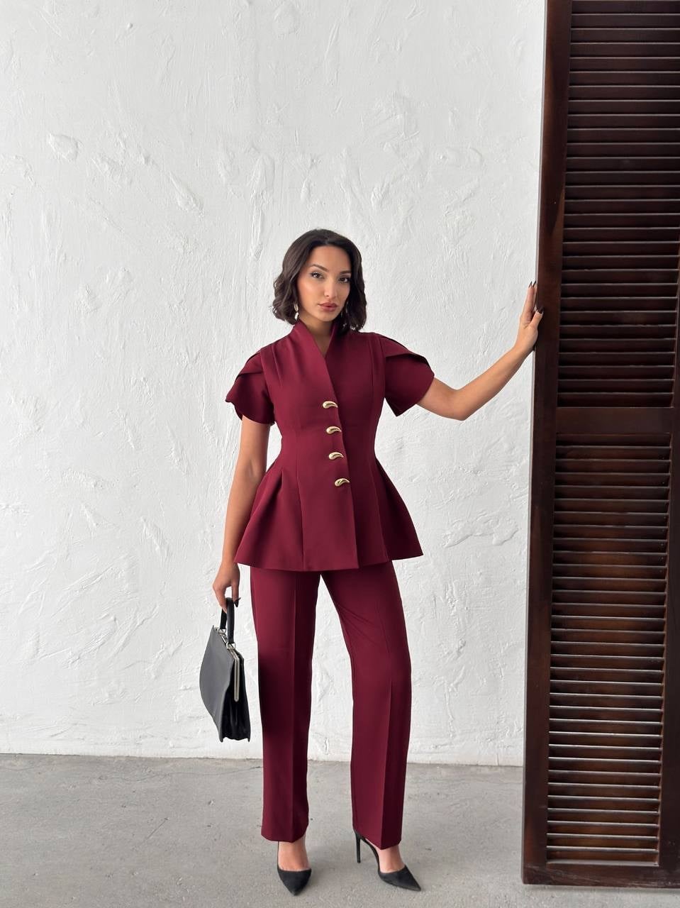 Gold Düğme Detaylı Peplum Kesim Şık Kadın Takım - Bordo 5
