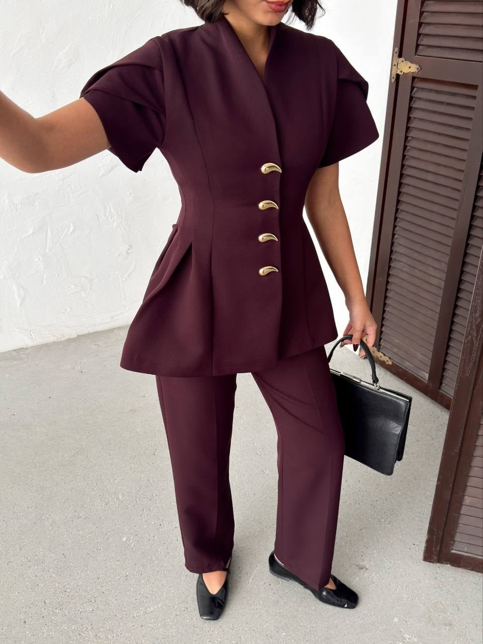 Gold Düğme Detaylı Peplum Kesim Şık Kadın Takım - Mürdüm 3