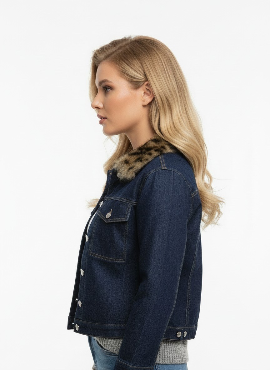 Kürk Yaka Detaylı Premium Denim Ceket – Modern Kesim Şık Jean Ceket - Mavi 4
