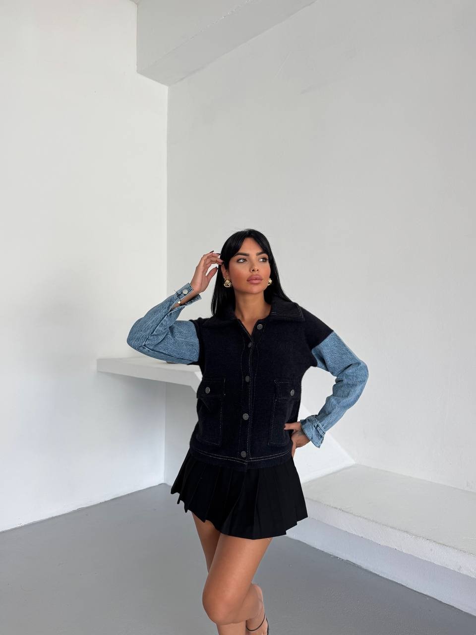 Denim Kol Detaylı Kontrast Ceket – Güçlü Stil, Net Duruş - Siyah 3