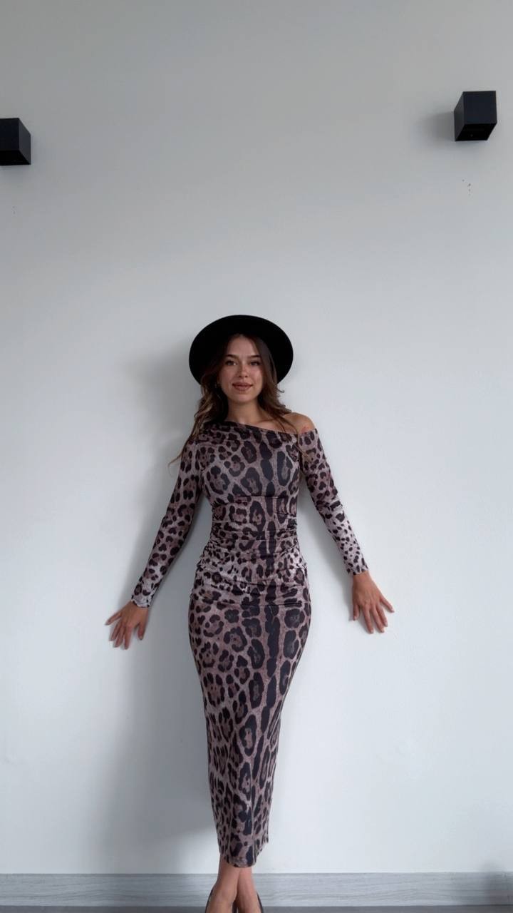 Tek Omuz Leopar Desenli Midi Elbise - Leopar 4