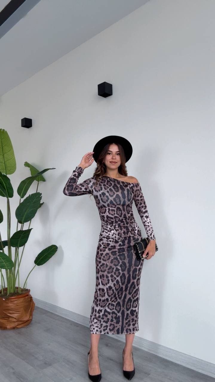 Tek Omuz Leopar Desenli Midi Elbise - Leopar 3