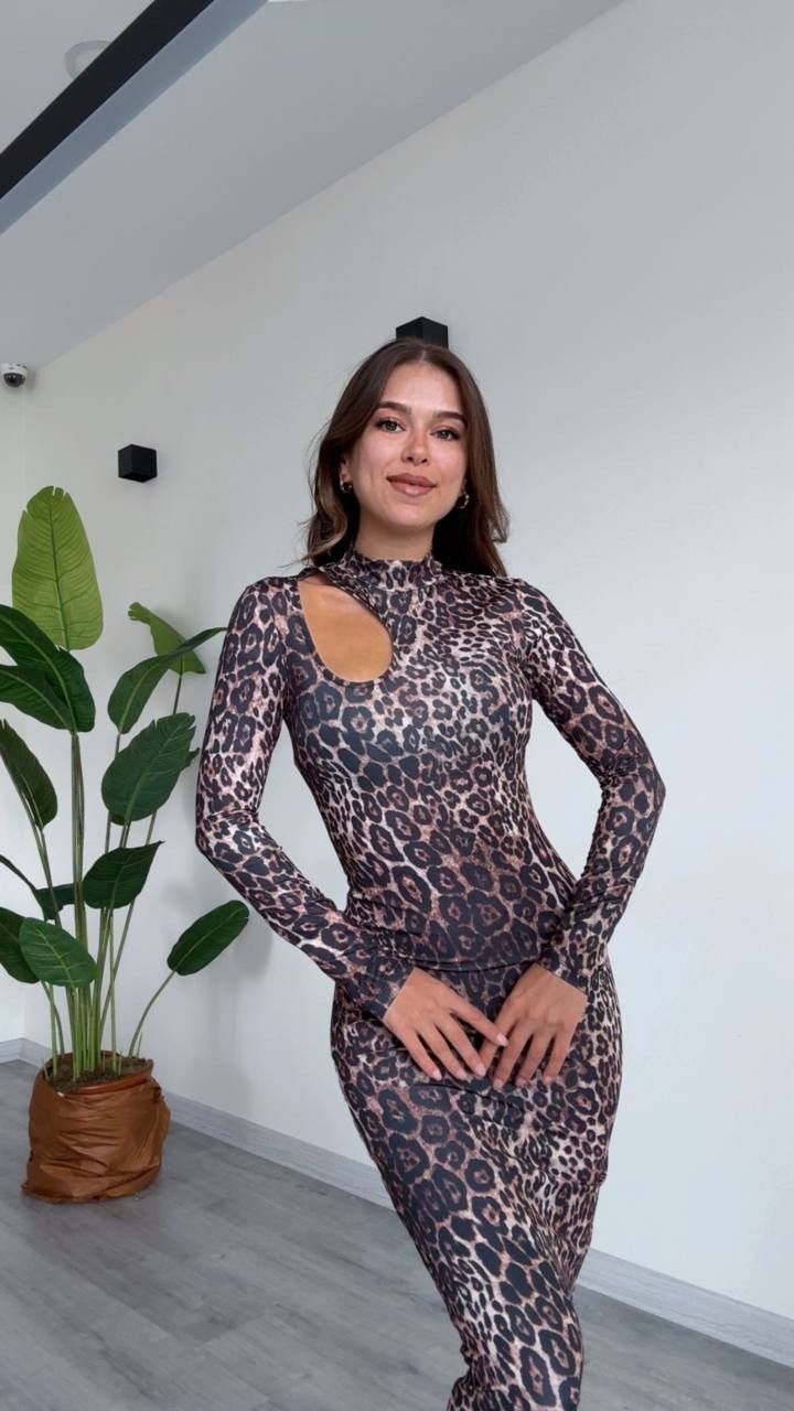 Kadın Leopar Desenli Uzun Kollu Cut-Out Elbise - Leopar 3