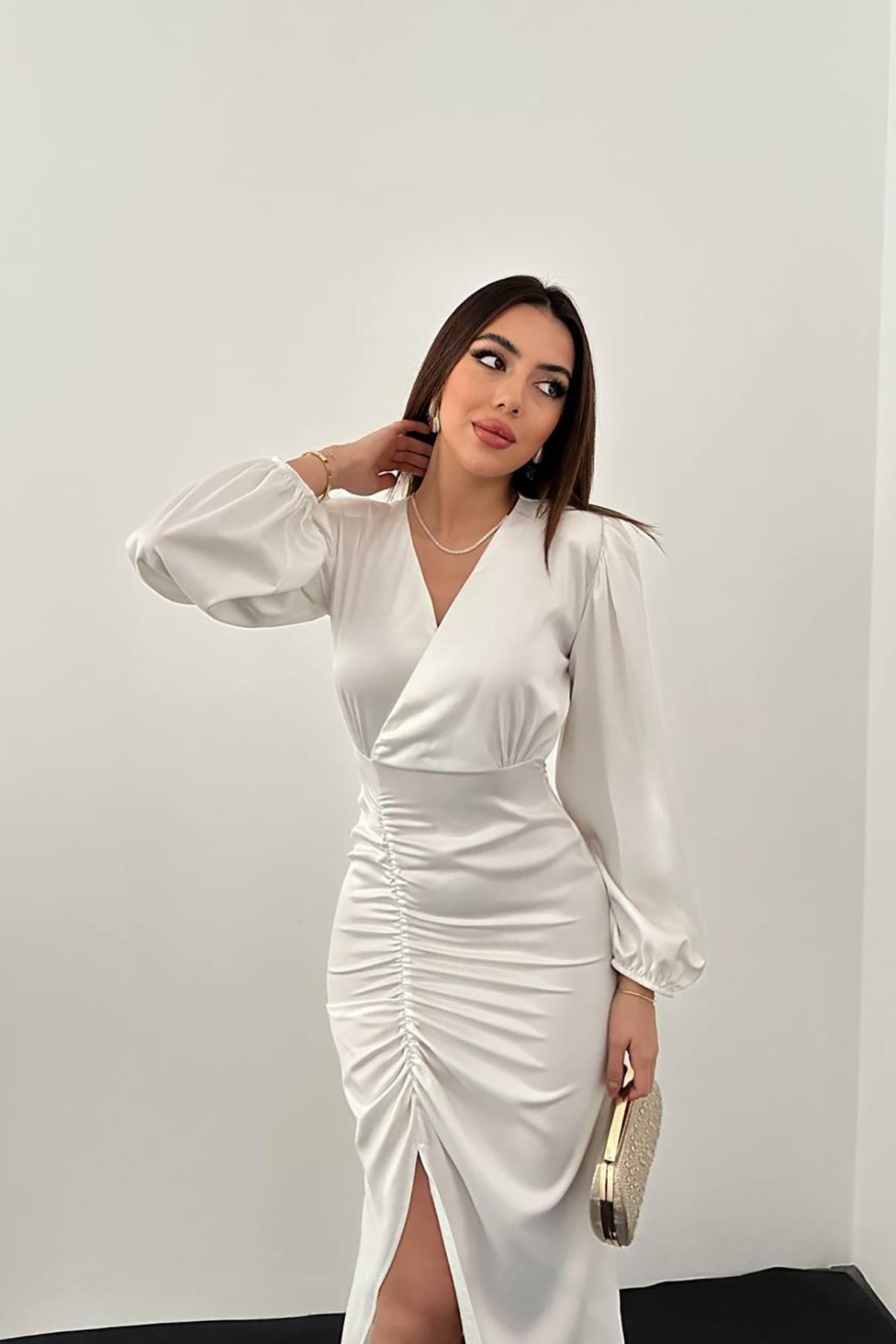 Beyaz V Yaka Saten Elbise - Beyaz 3