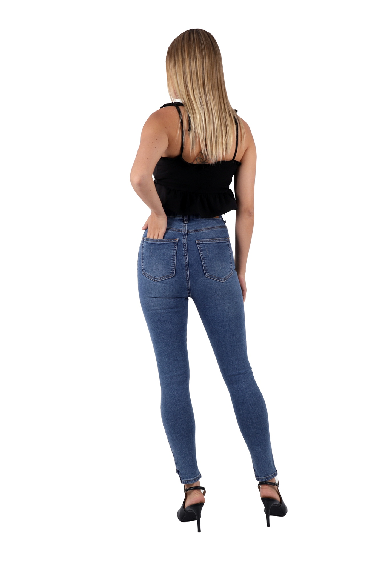 Mavi Renk Dar Paça Eskitme Detaylı Yüksek Bel Jeans - Mavi 6