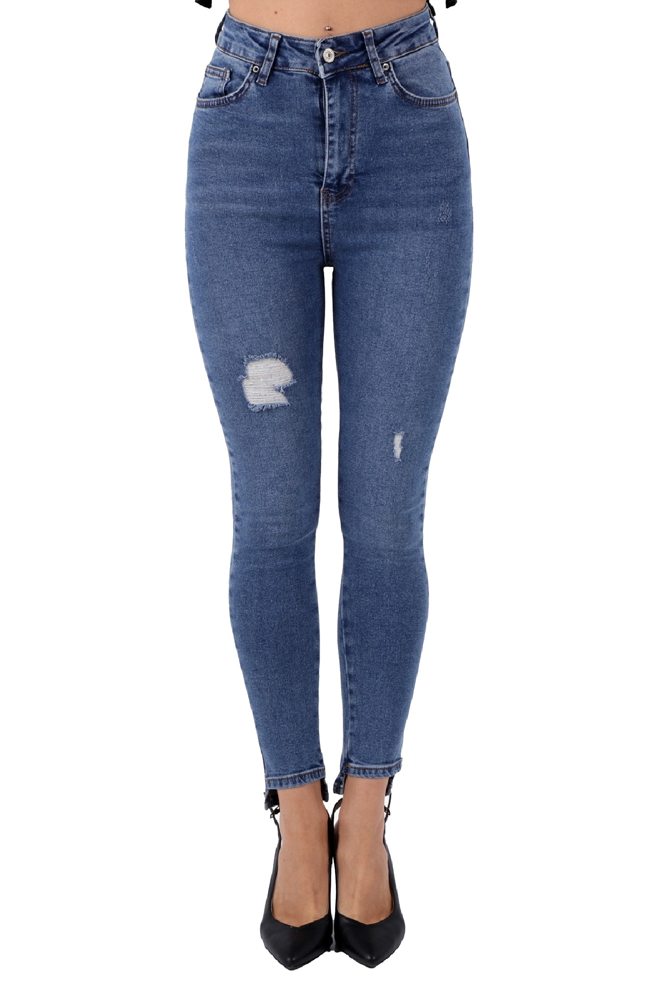 Mavi Renk Dar Paça Eskitme Detaylı Yüksek Bel Jeans - Mavi 8