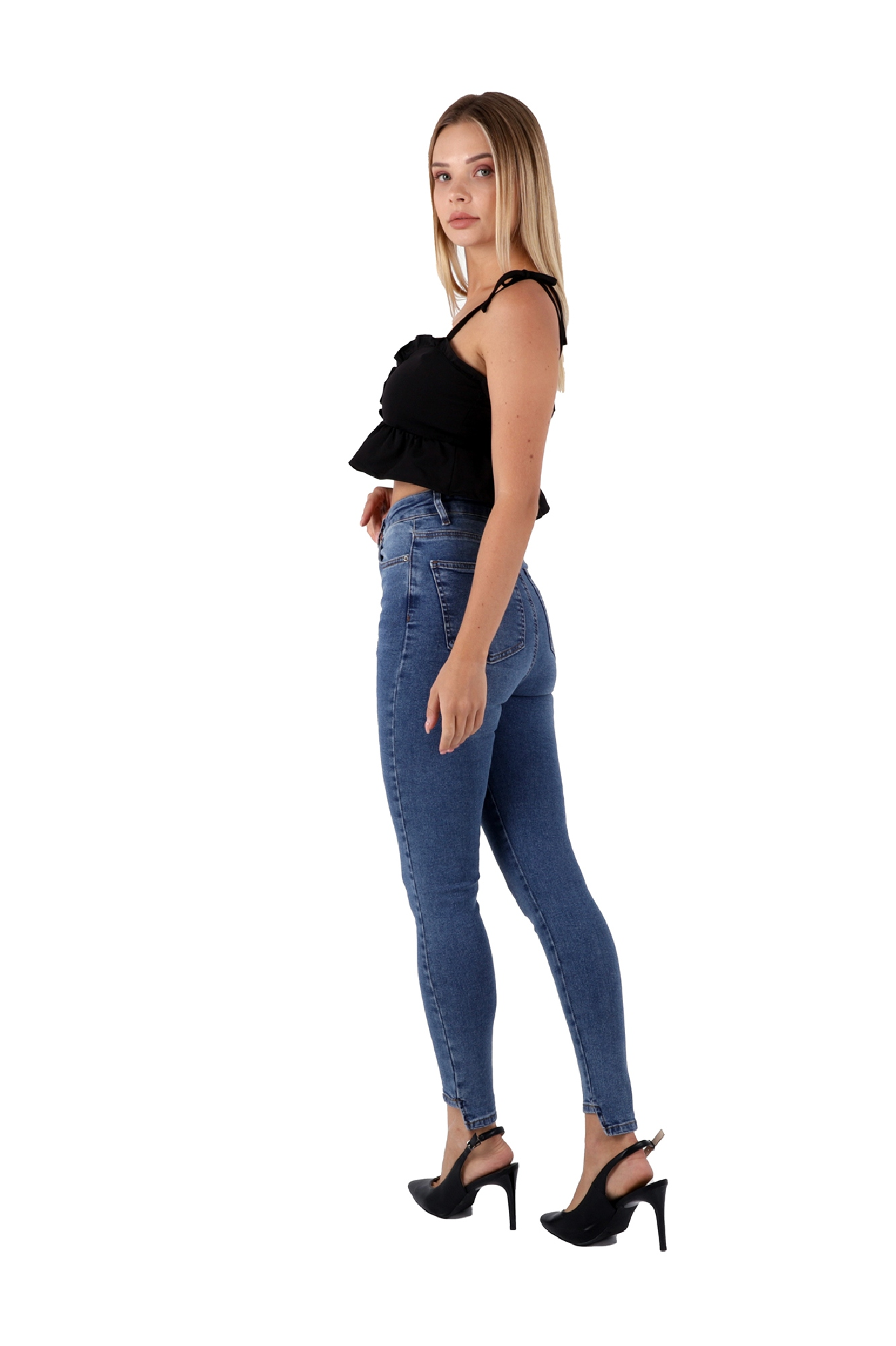 Mavi Renk Dar Paça Eskitme Detaylı Yüksek Bel Jeans - Mavi 7