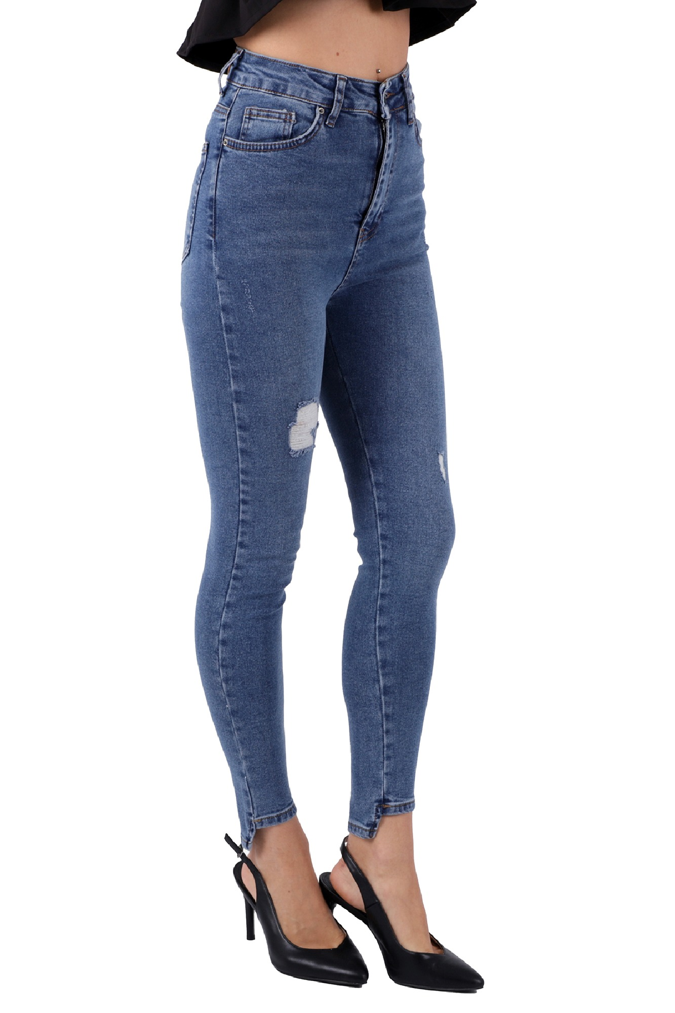 Mavi Renk Dar Paça Eskitme Detaylı Yüksek Bel Jeans - Mavi 4