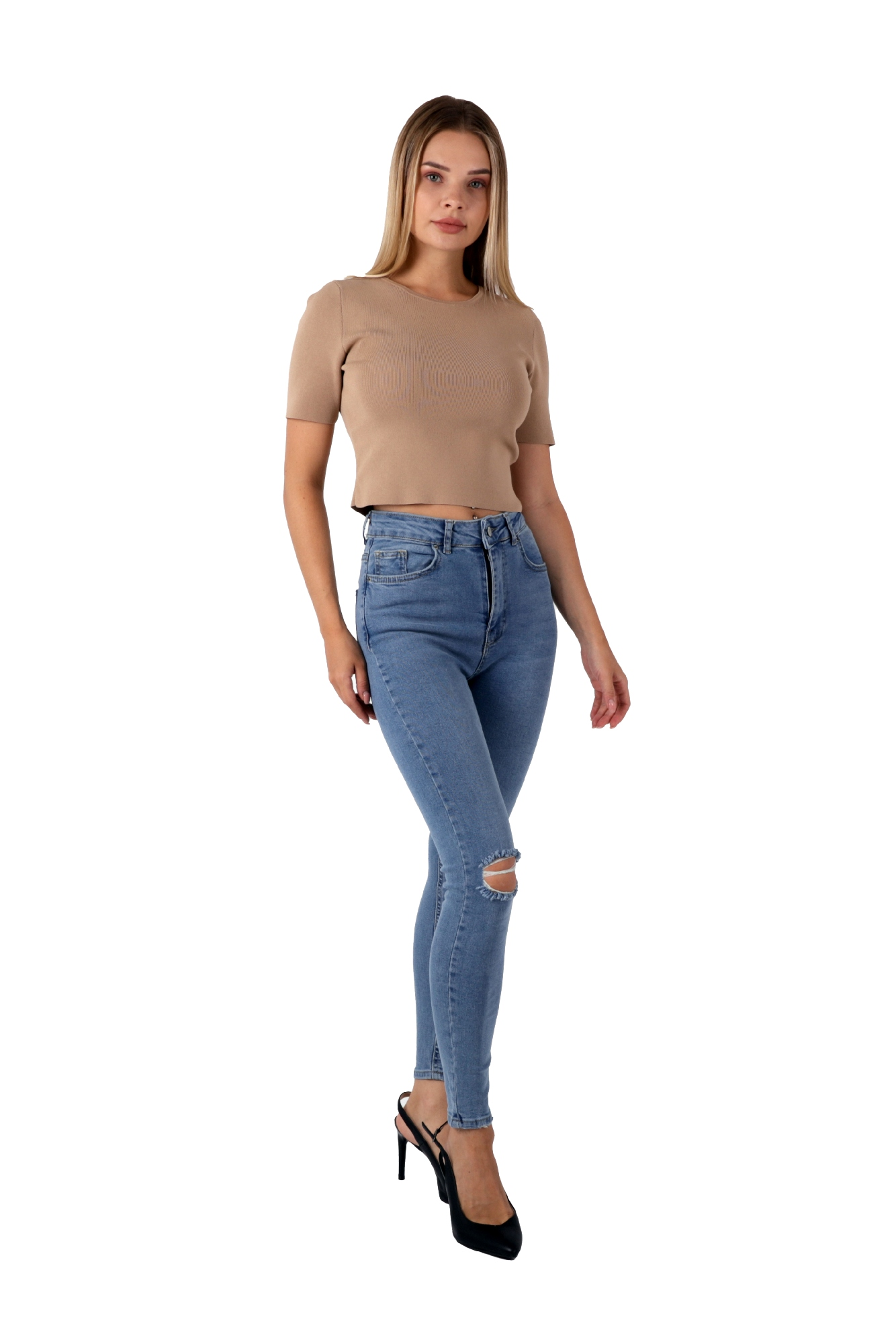 Mavi Renk Dar Paça Diz Yırtık Yüksek Bel Jeans - Mavi 10