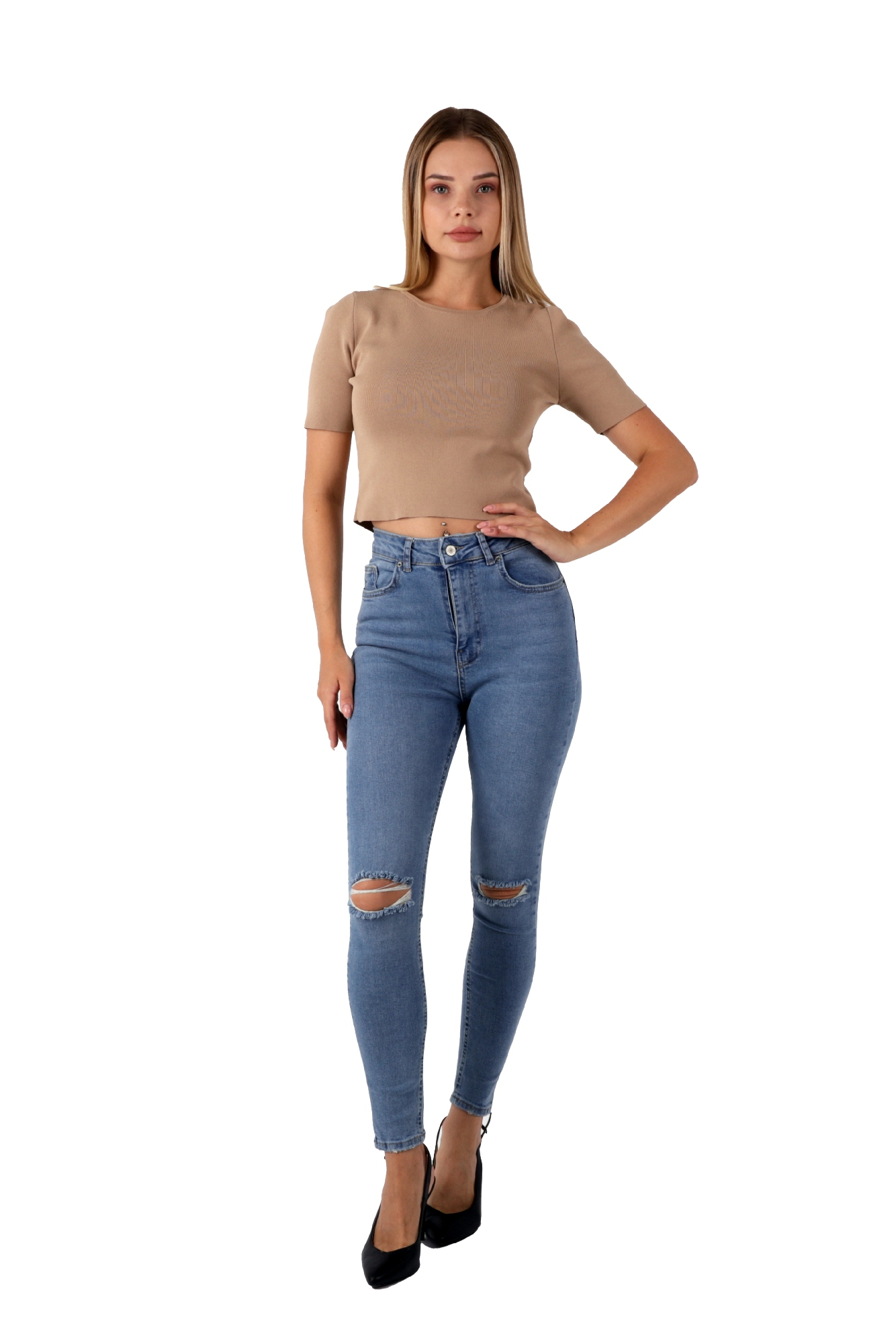 Mavi Renk Dar Paça Diz Yırtık Yüksek Bel Jeans - Mavi 8