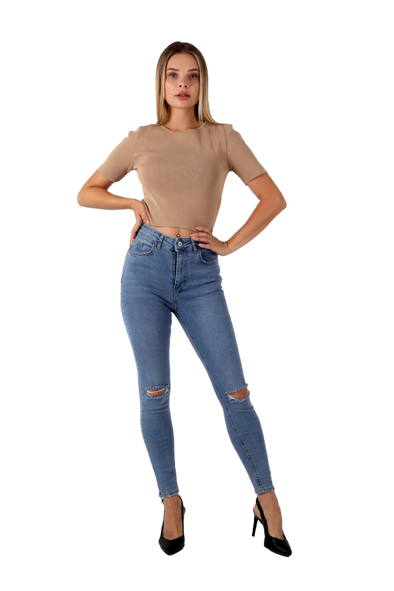 Mavi Renk Dar Paça Diz Yırtık Yüksek Bel Jeans - Mavi 9