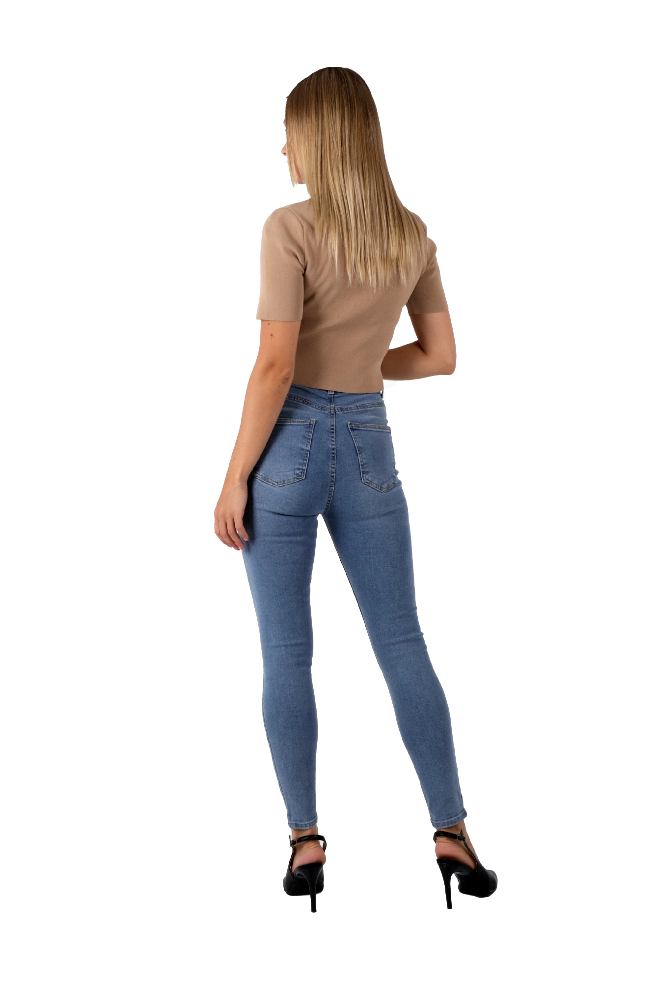 Mavi Renk Dar Paça Diz Yırtık Yüksek Bel Jeans - Mavi 3