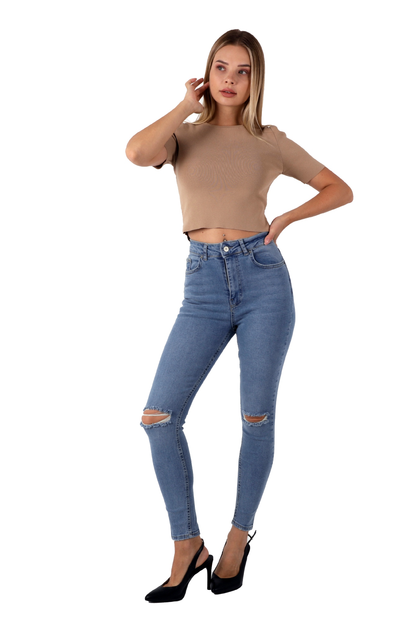 Mavi Renk Dar Paça Diz Yırtık Yüksek Bel Jeans - Mavi 6