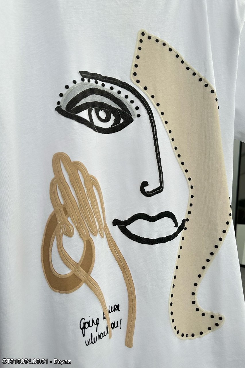 Kadın Desenli Oversize T-shirt - Beyaz 3