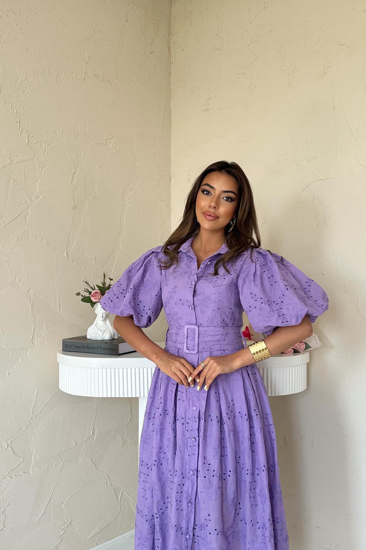 Lila Pileli Balon Kol Elbise - Lila 3