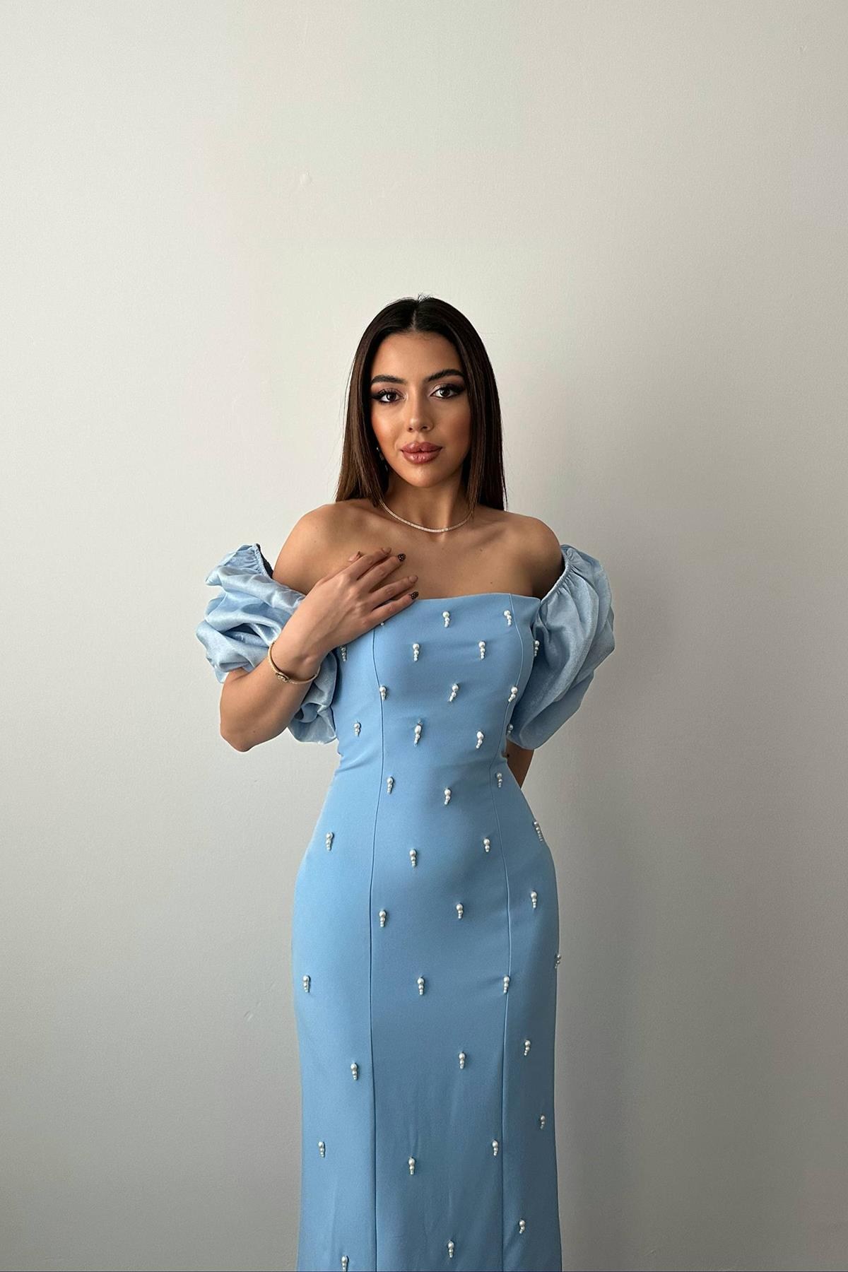 Bebe Mavi İşlemeli Kolu Garnili Elbise - Bebe Mavi 3