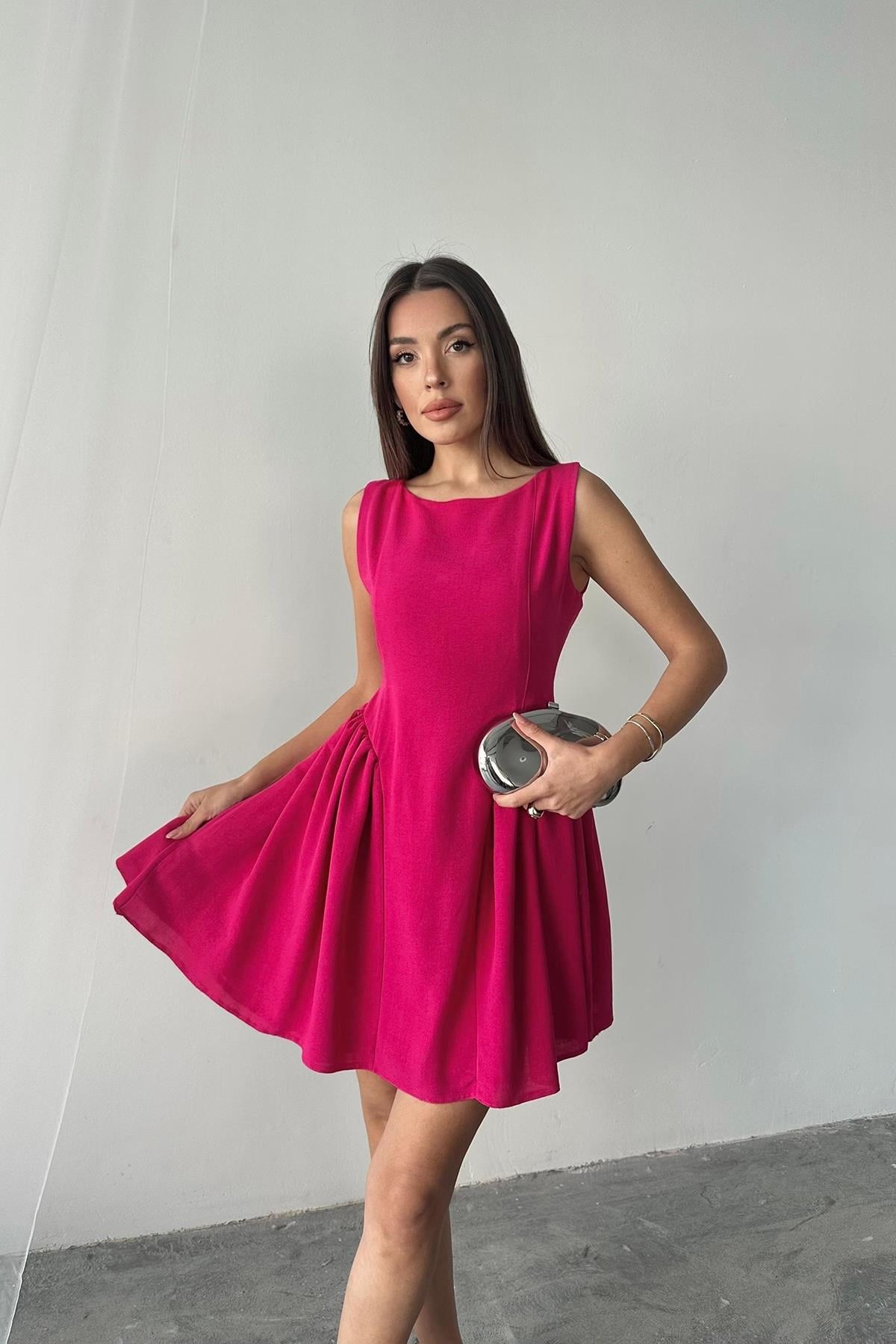 Fuşya Mini Boy Büzgülü Keten Elbise - Fuşya 3