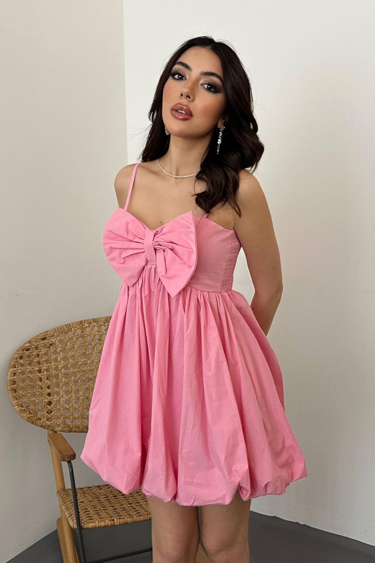 Pembe Önü Fiyonklu Askılı Elbise - Pembe 3