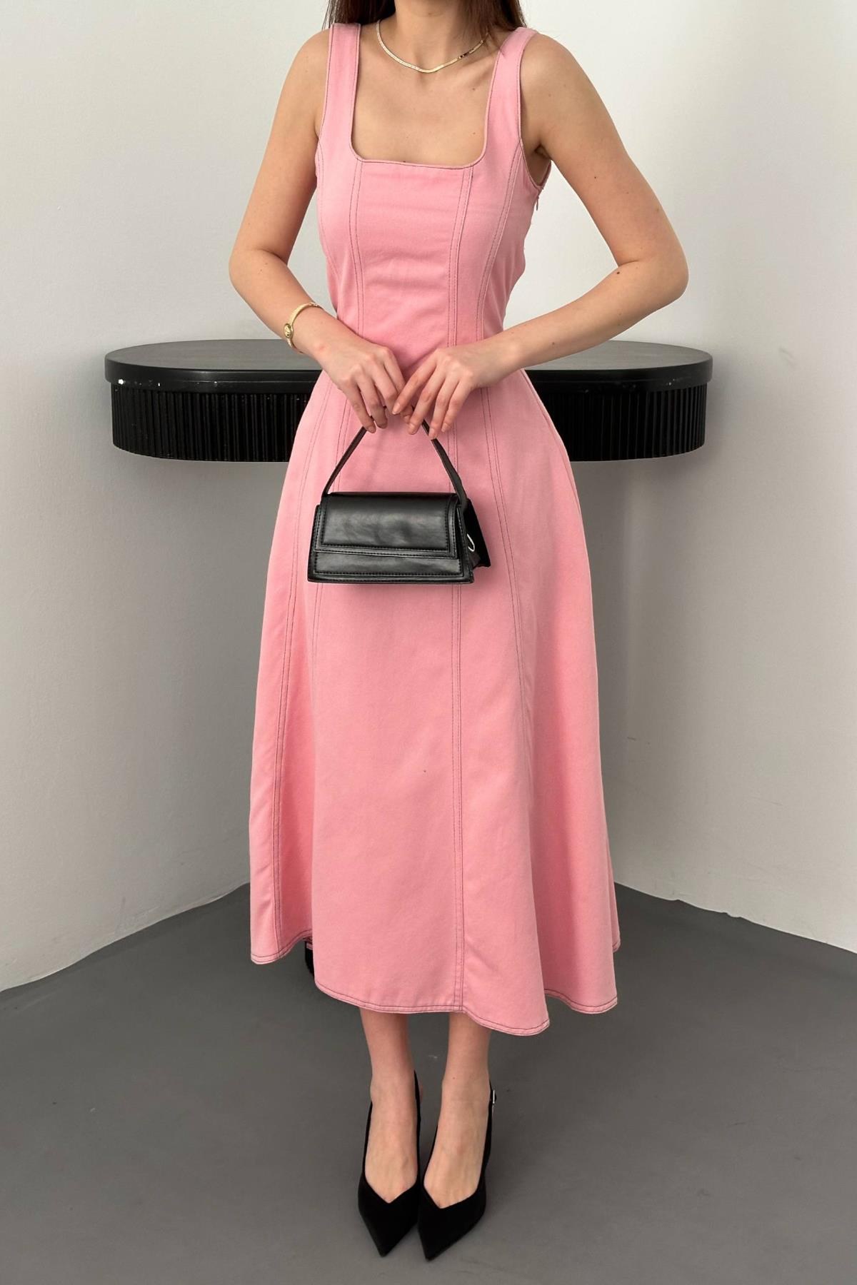 Pembe Çift Dikişli Gabardin Elbise - Pembe 4