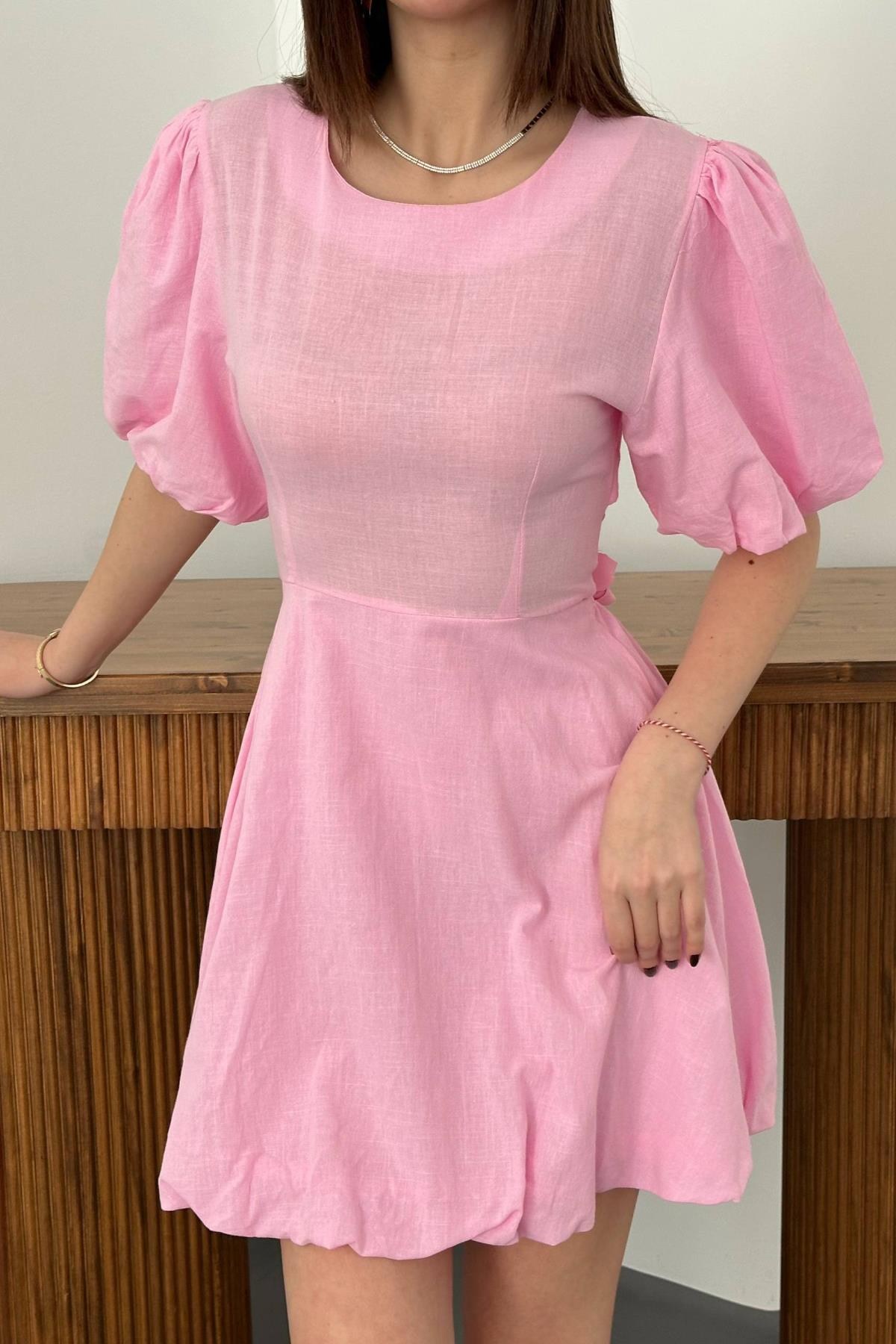 Pembe Arkadan Bağlamalı Keten Elbise - Pembe 4