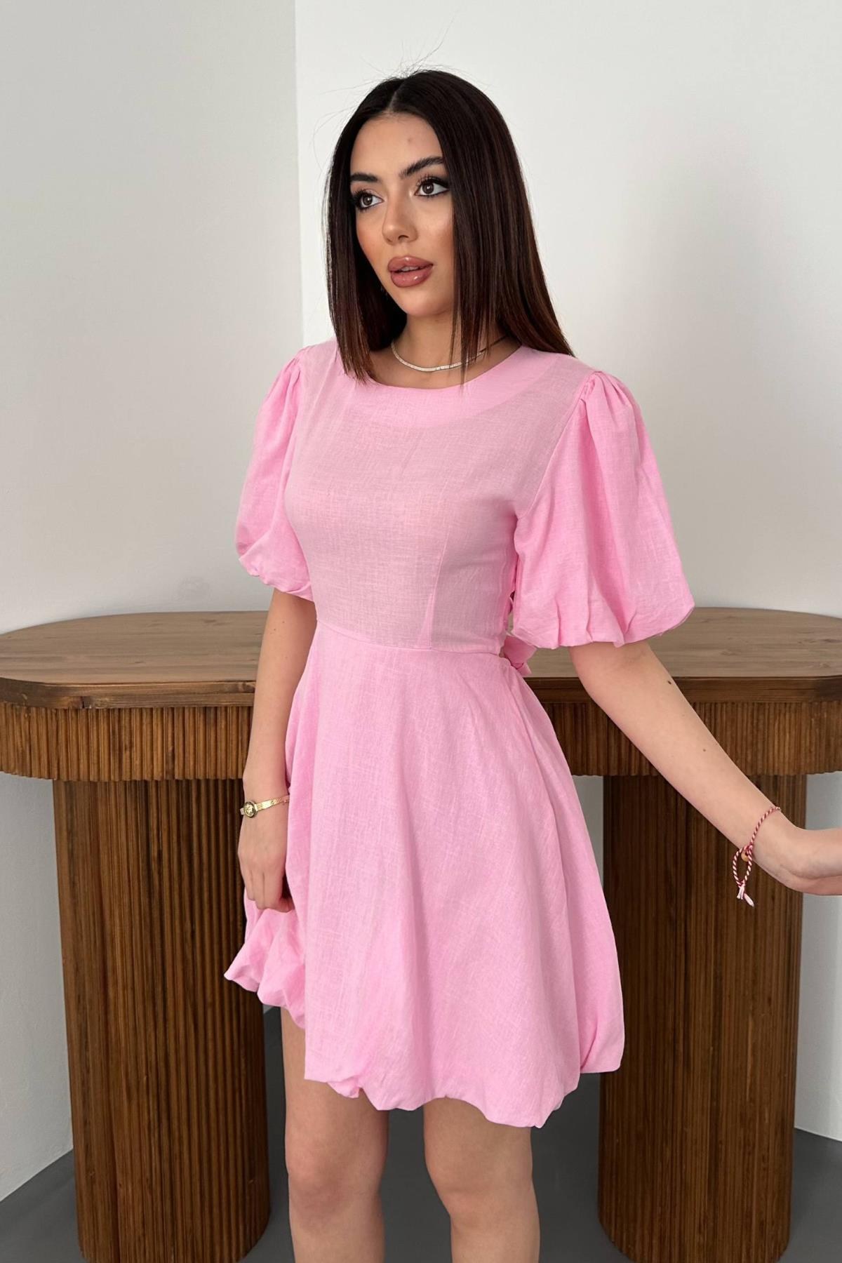 Pembe Arkadan Bağlamalı Keten Elbise - Pembe 3