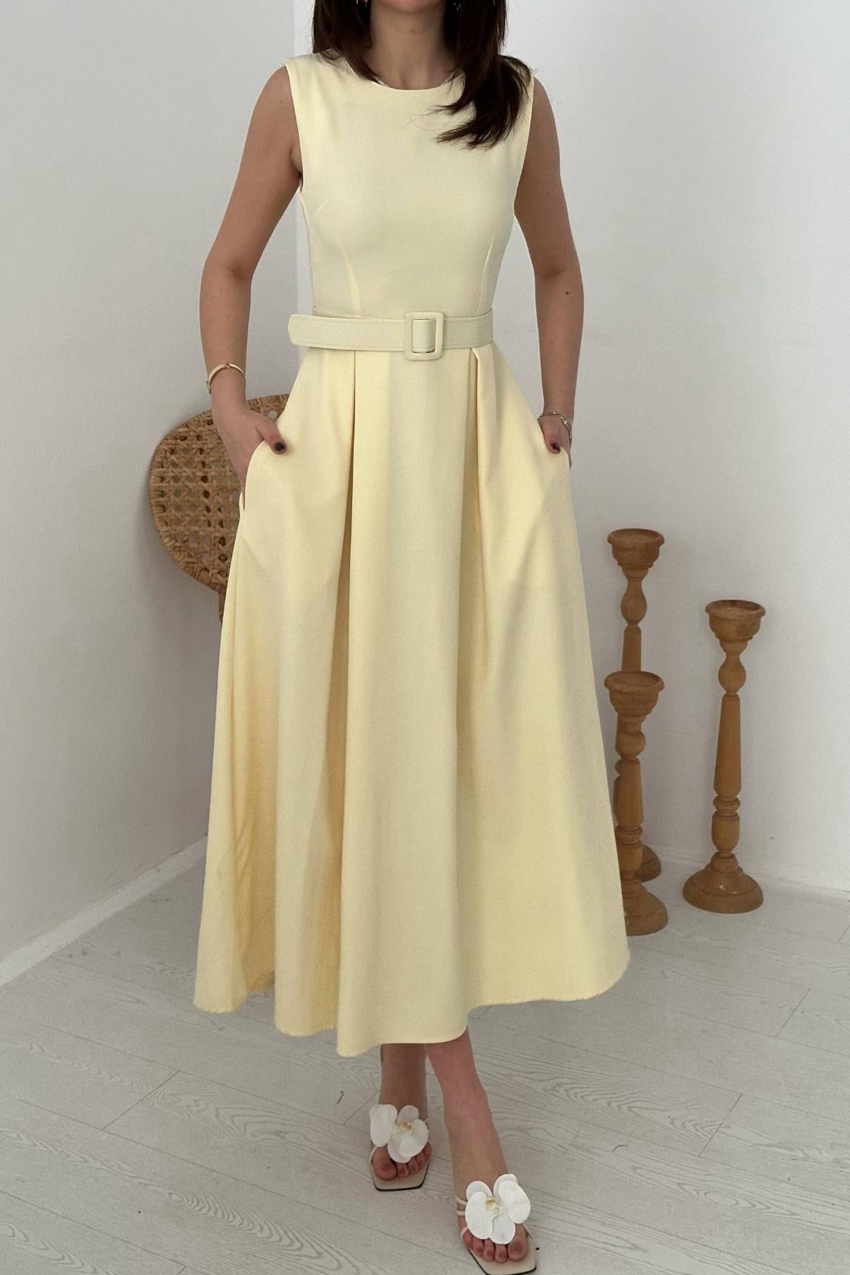 Sarı Halter Yaka Kloş Elbise - Sarı 4