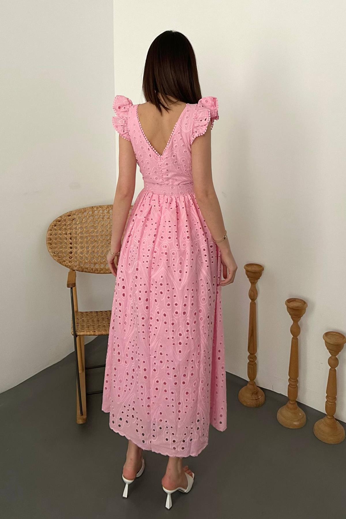 Pembe Dantelli Brode Elbise - Pembe 5