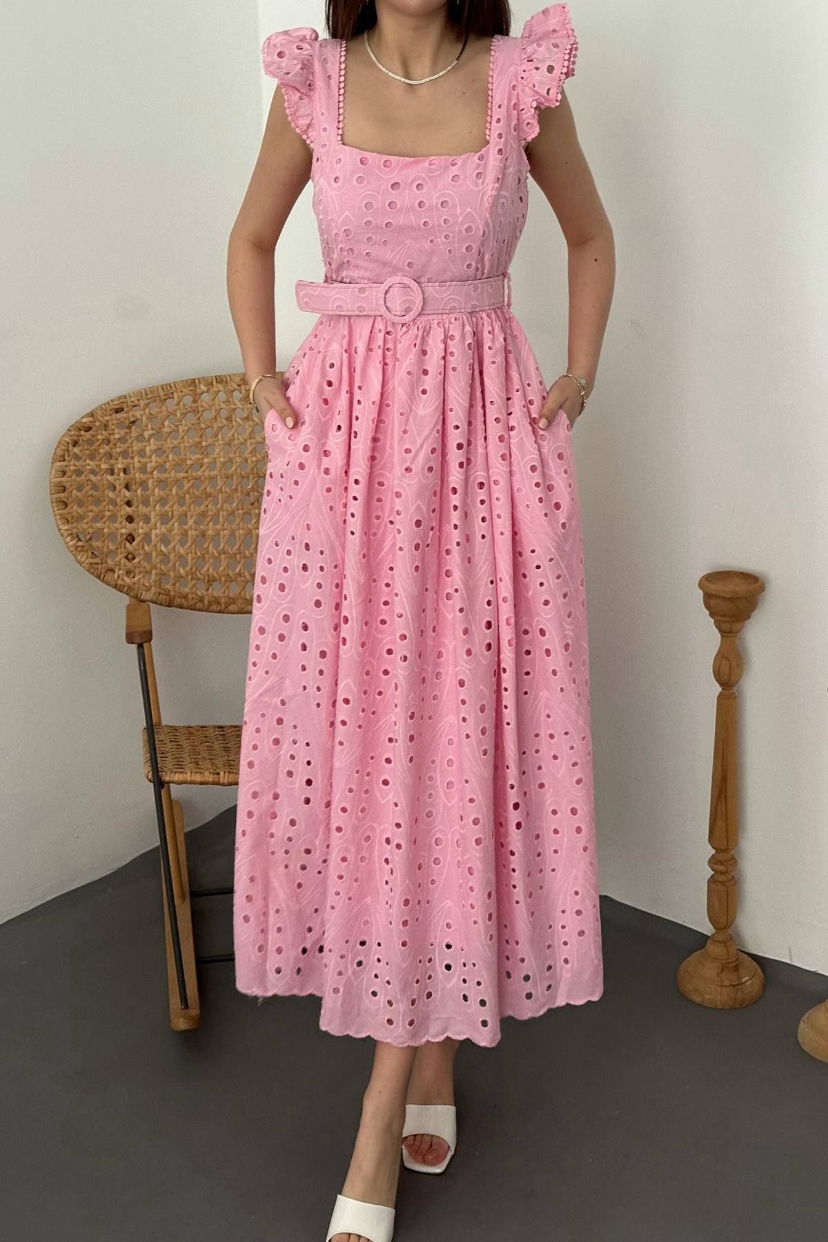 Pembe Dantelli Brode Elbise - Pembe 4