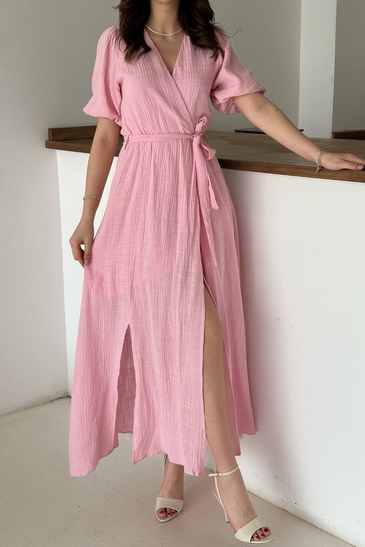 Pembe Kruvaze Yaka Müslin Keten Elbise - Pembe 4