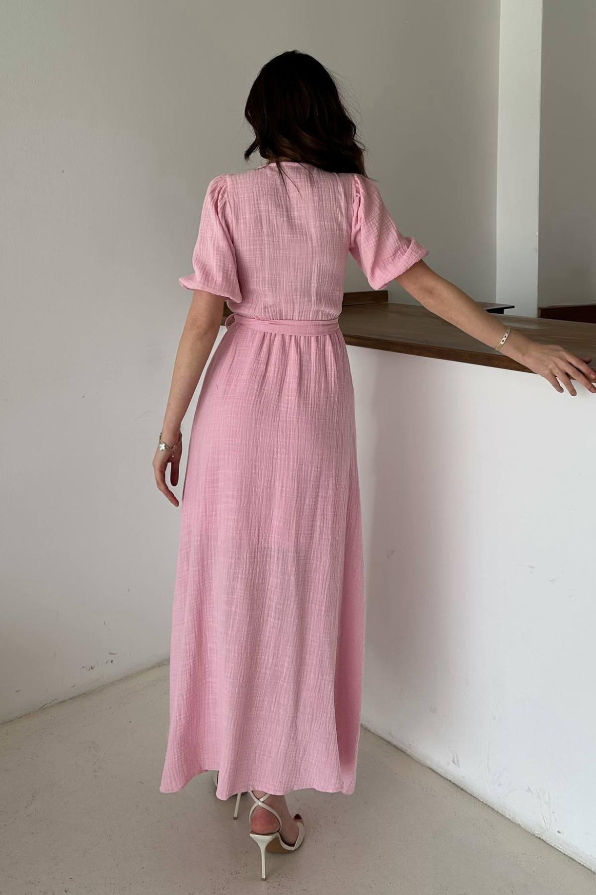 Pembe Kruvaze Yaka Müslin Keten Elbise - Pembe 5