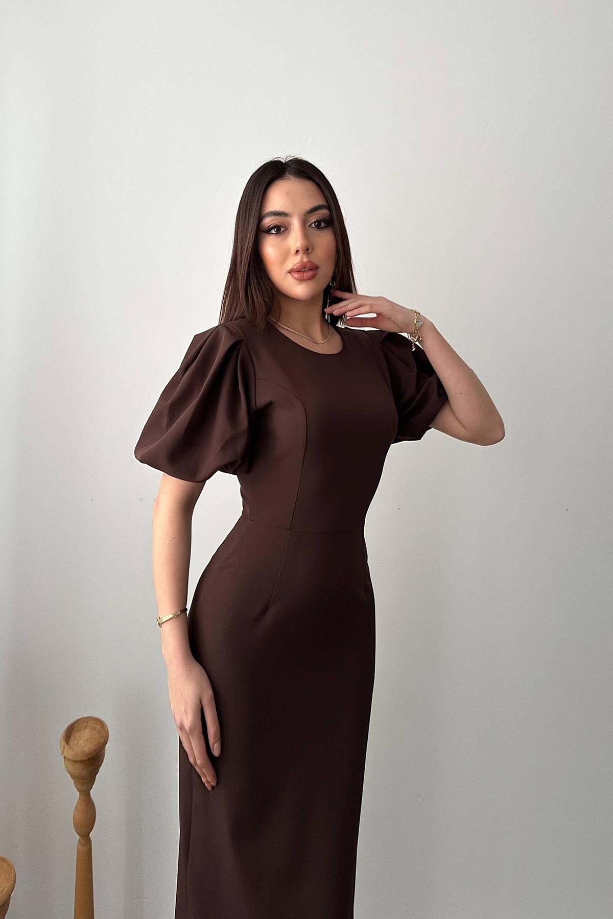 Kahverengi Kolları Balon Elbise - Kahverengi 3
