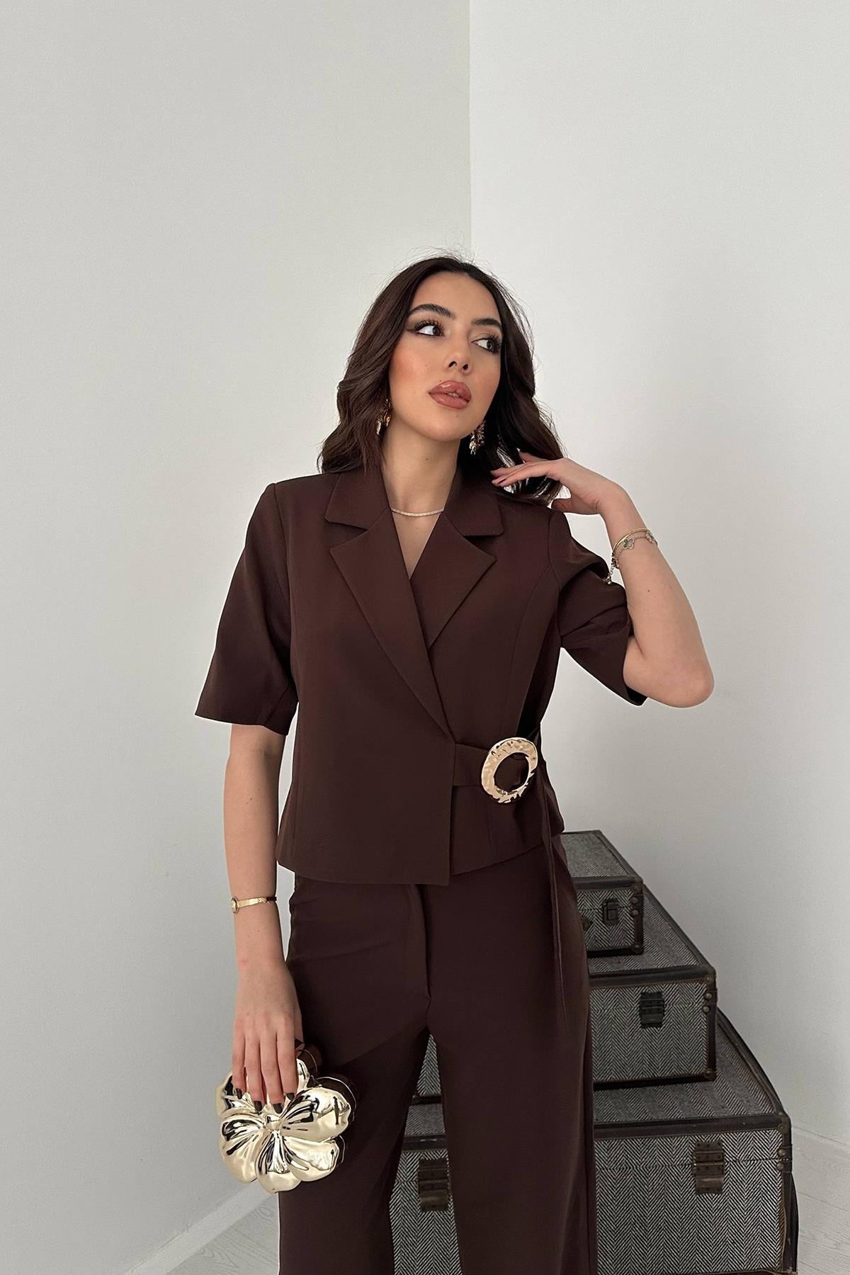 Kahverengi Tek Tokalı Ceket Ve Pantolon Takım - Kahverengi 3