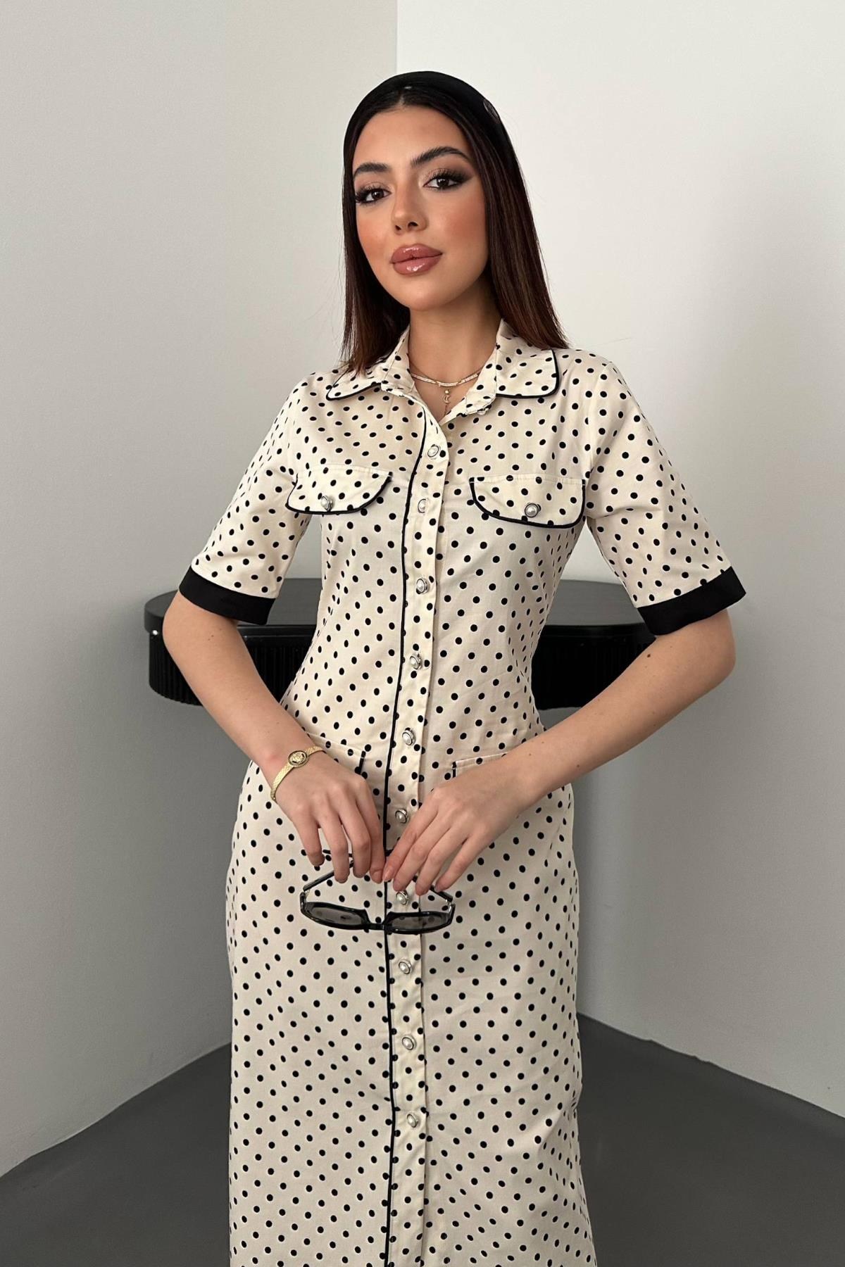 Ekru Puantiyeli Elbise - Ekru 3