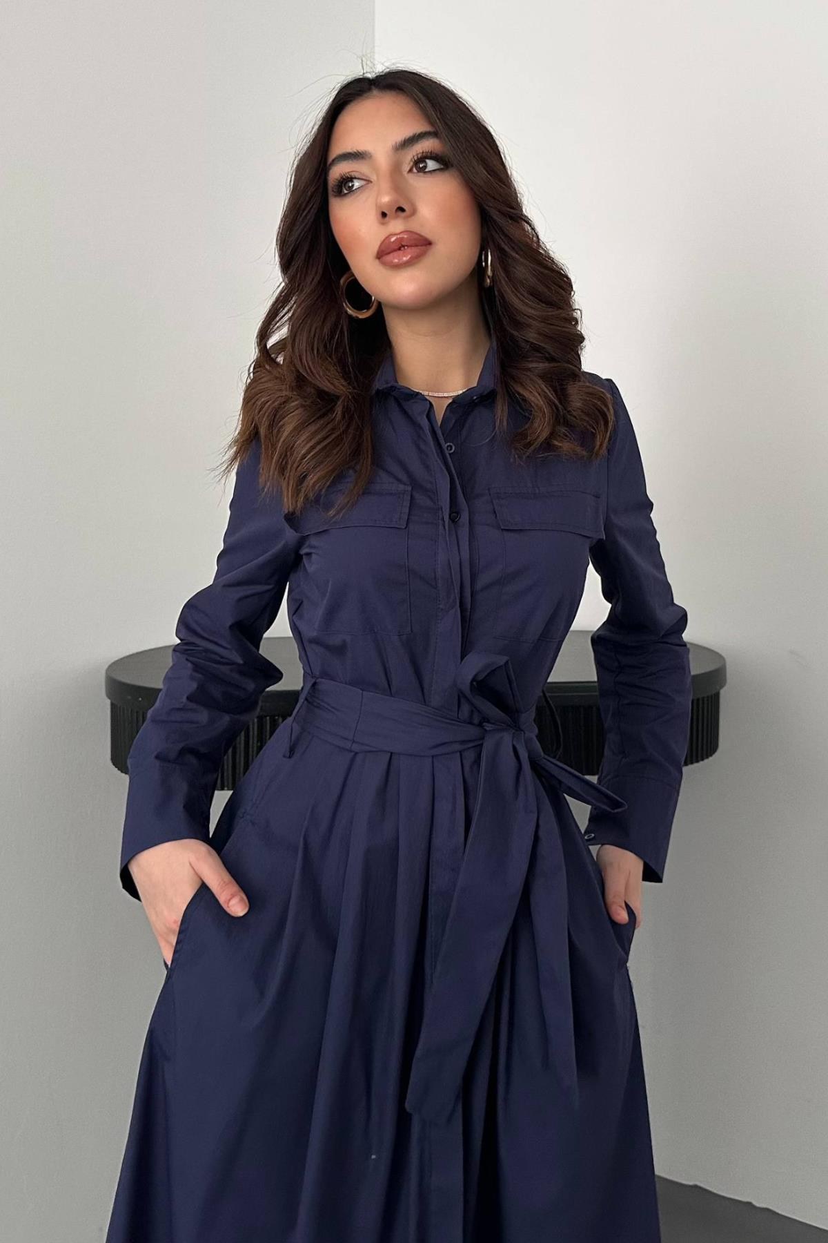 Lacivert Düğmeli Poplin Elbise - Lacivert 3