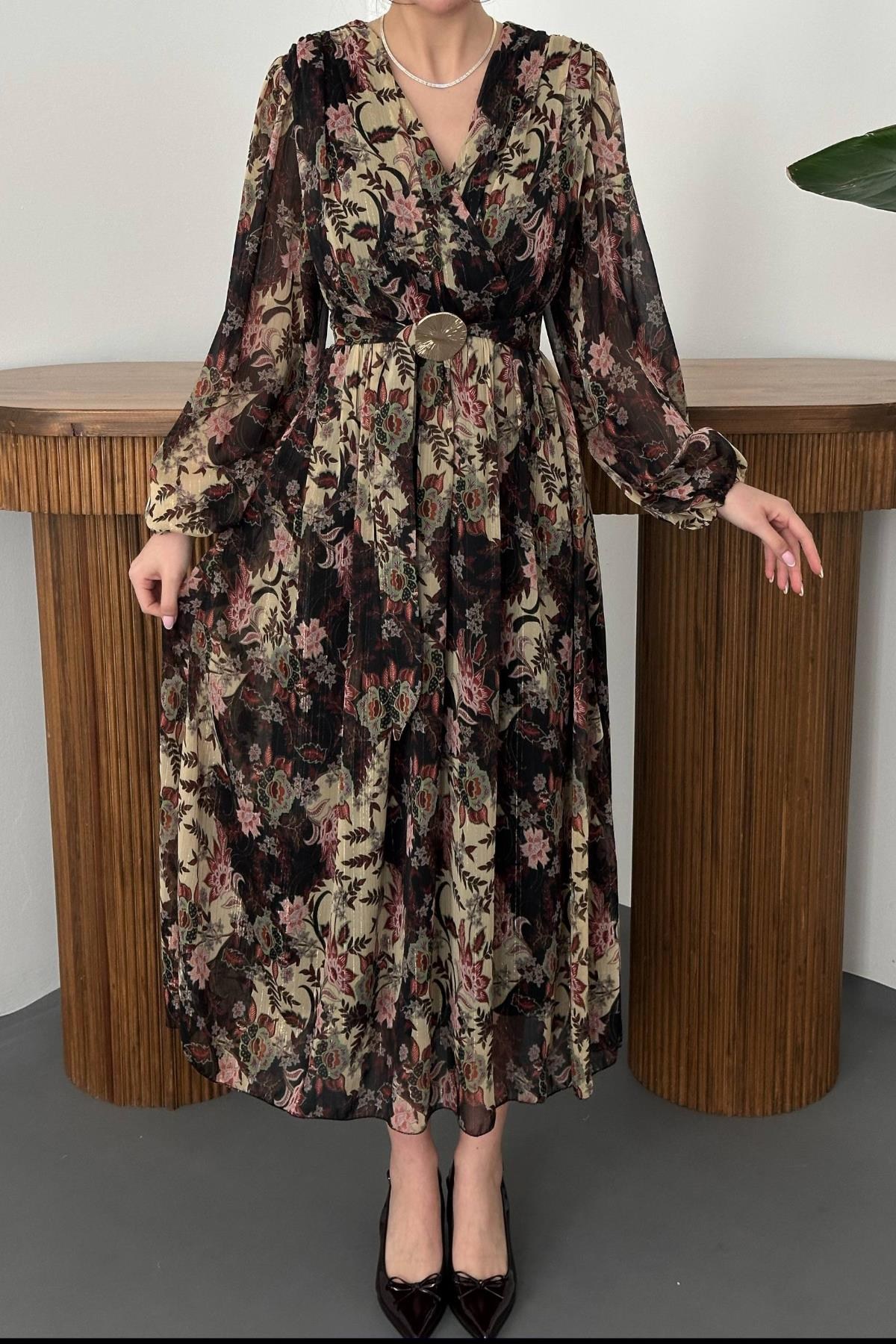 Siyah Simli Kemerli Elbise - Siyah 5