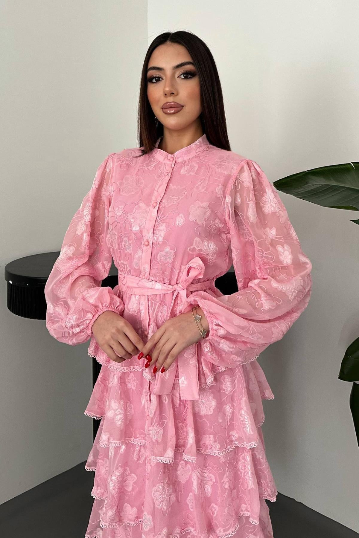 Pembe Kat Kat Volanlı Elbise - Pembe 3