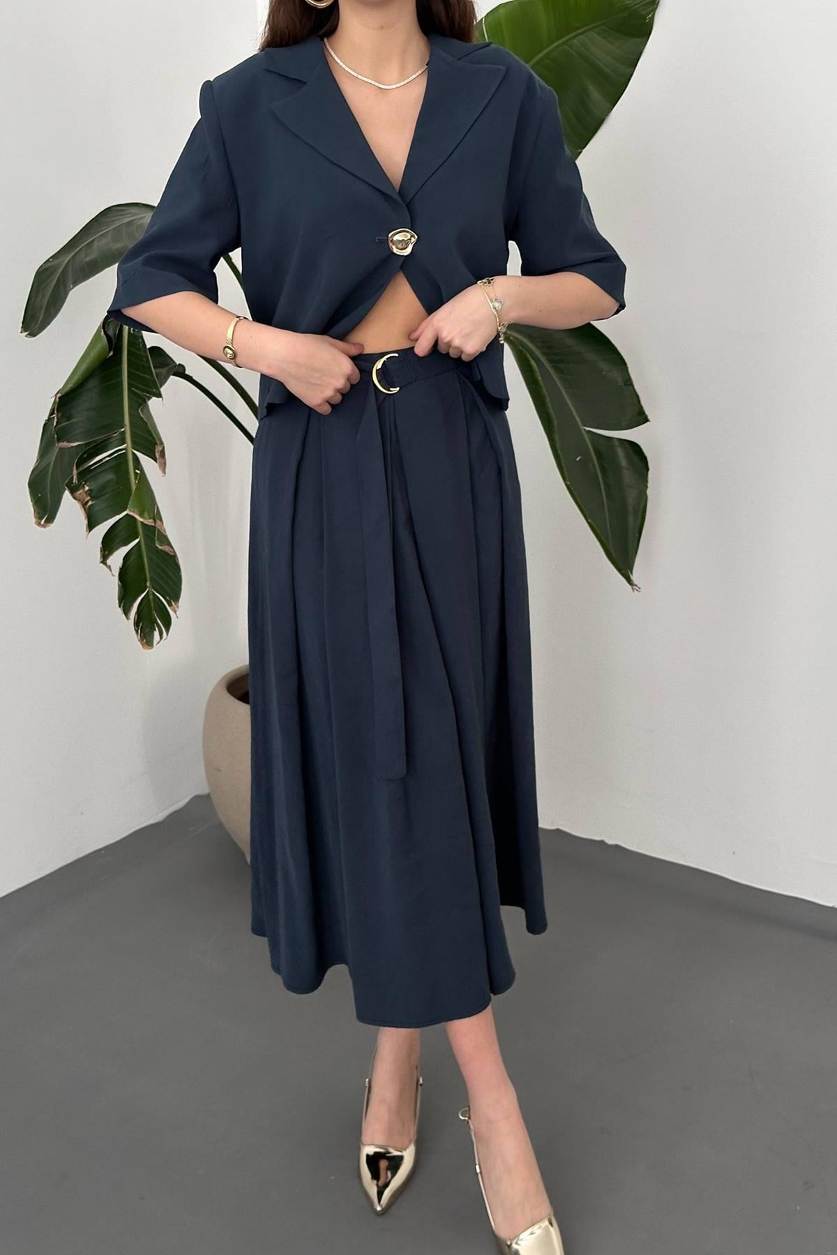 Lacivert Tek Düğmeli Kısa Ceket Ve Etek Takım - Lacivert 5