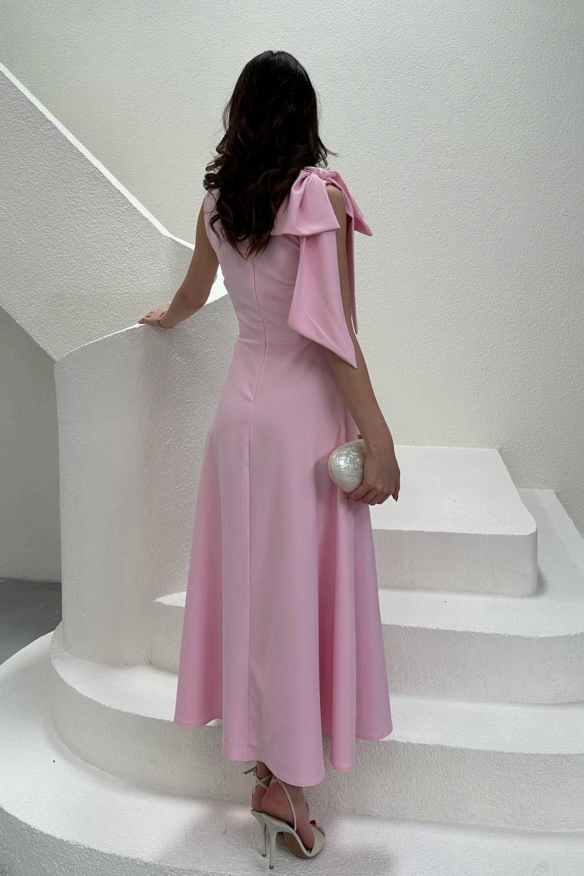 Pembe Omuz Fiyonklu Elbise - Pembe 5