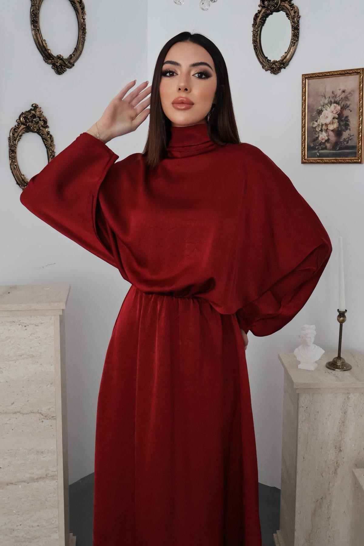 Bordo Jakarlı Saten Elbise - Bordo 3
