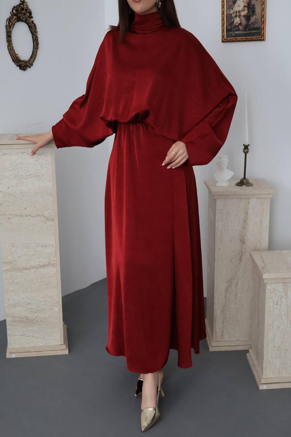 Bordo Jakarlı Saten Elbise - Bordo 4
