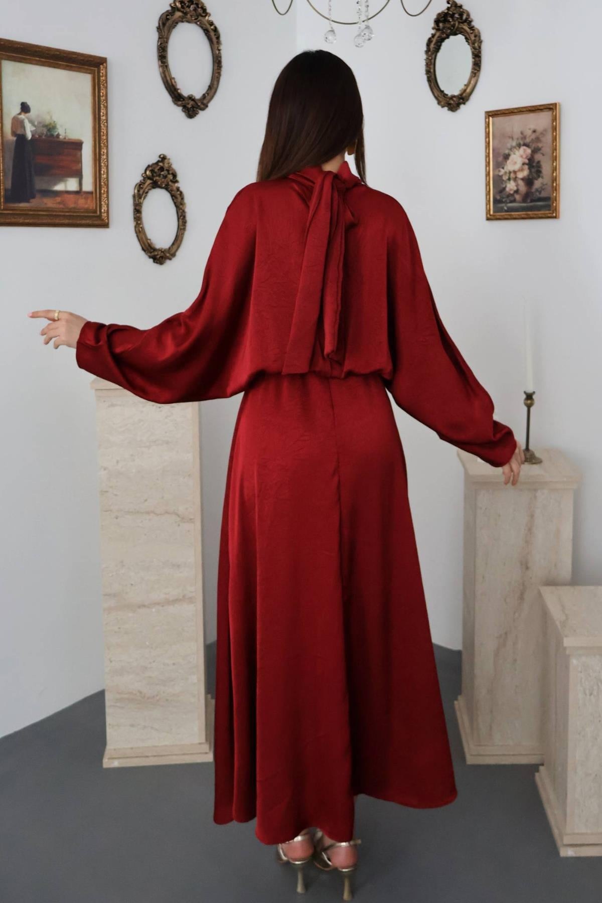 Bordo Jakarlı Saten Elbise - Bordo 5