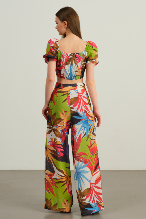 Tropikal Desenli Crop Bluz & Palazzo Pantolon Takım - Yeşil 3