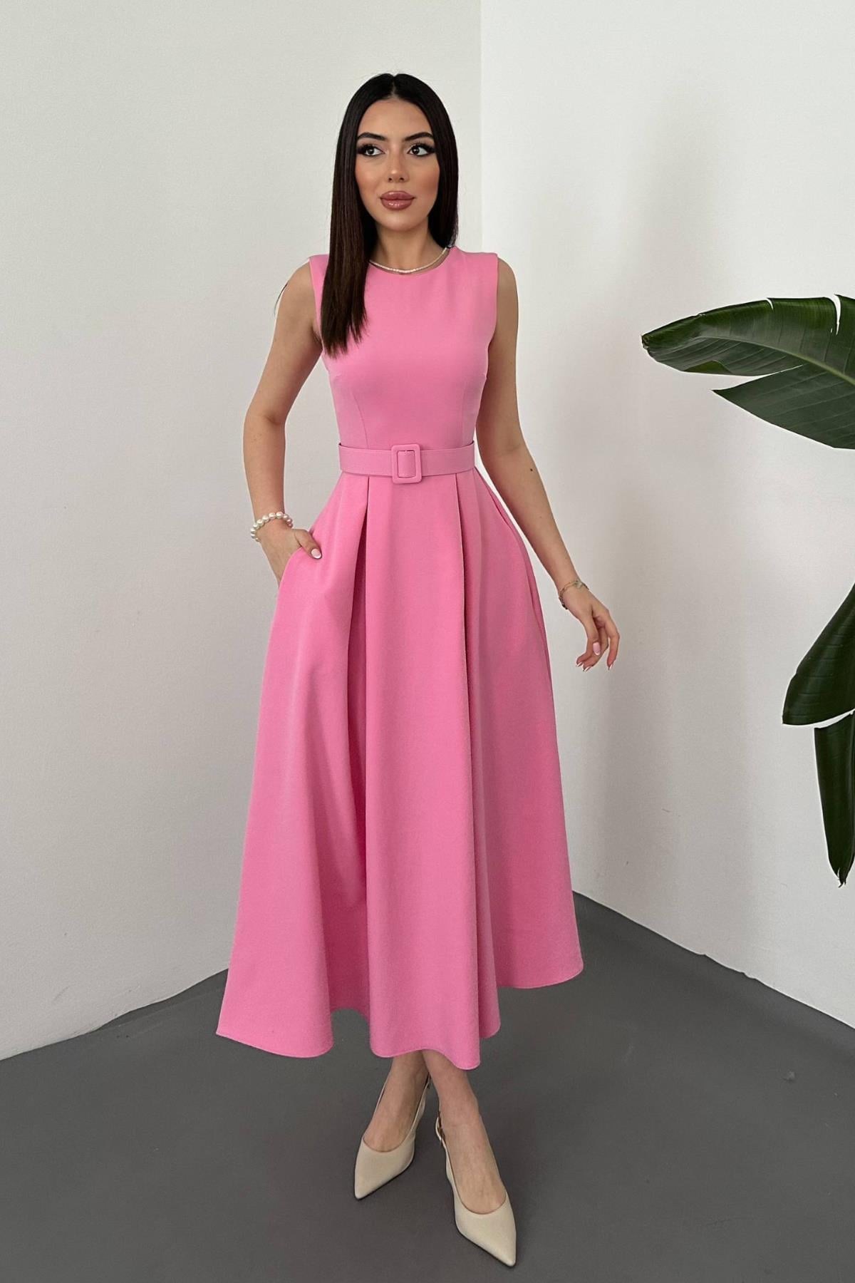 Pembe Halter Yaka Kloş Elbise - PEMBE 4