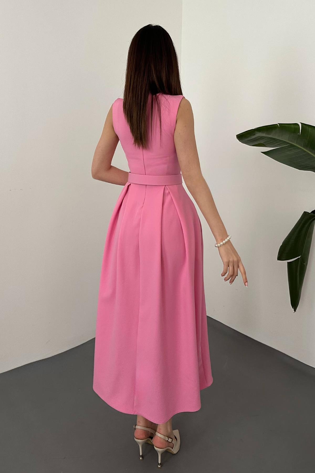 Pembe Halter Yaka Kloş Elbise - PEMBE 5